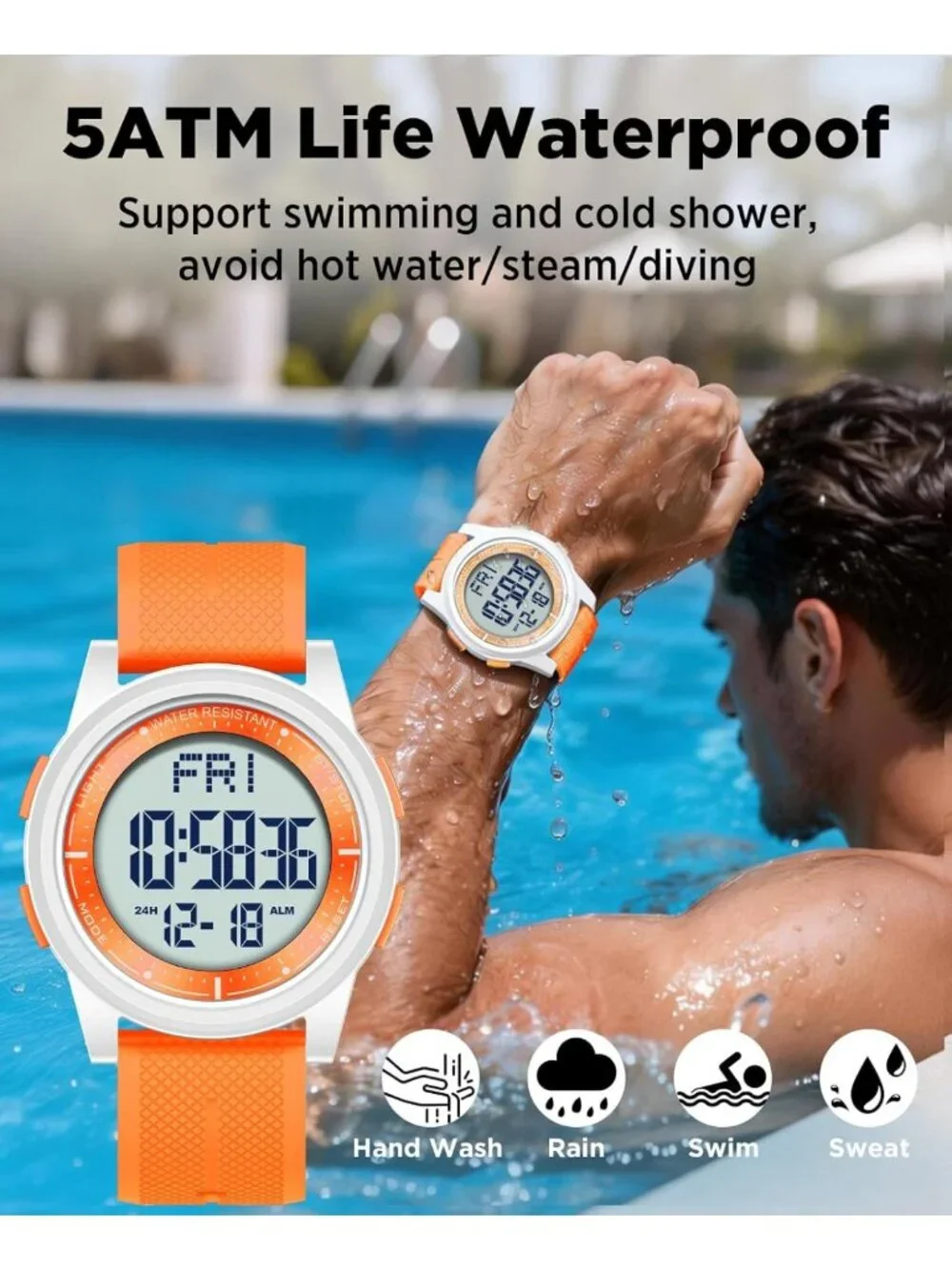 Ultra-Thin Waterproof Digital Sports Watch for Men & Women, 44mm Silicone, Alarm